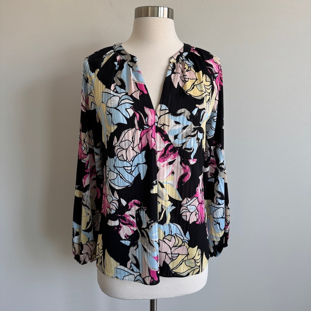 WHBM Abstract Floral V-Neck Peasant Blouse Black Pink Blue XS 570360671 NWT